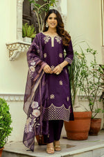 Thumbnail for The52 Wine Women's Beautiful Viscose Chanderi Fabric Thread Work Straight Kurta Pant and Dupatta Set - Distacart