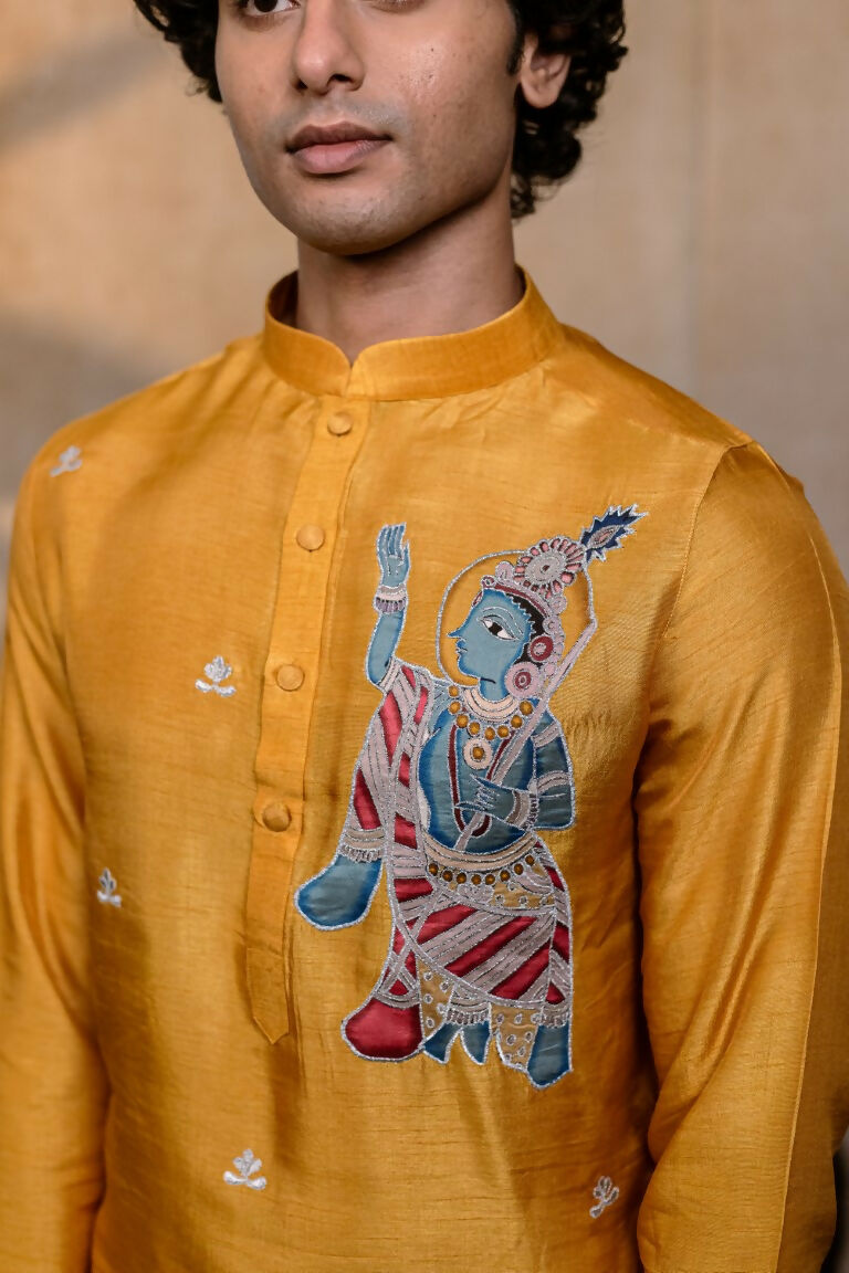 Falling Raw Silk Yellow Mural Krishna By Hilo Design - Distacart