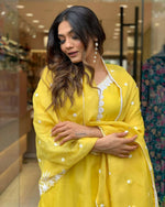 Thumbnail for The52 Yellow Women's Gorgeous Embroidered Georgette Fabric Straight Kurta Pant with Dupatta Set - Distacart