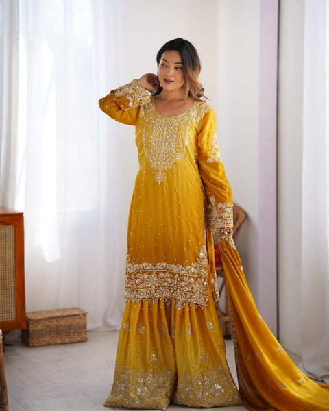 Joban Fashion yellow Palazzo Chinon silk Coding Dori with Sequence with Rivet Moti