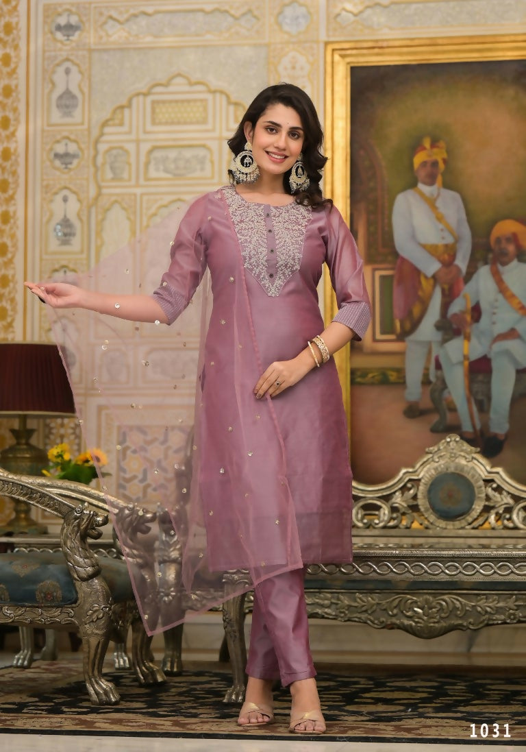Partywear Designer Rose gold Cotton Silk Stitched Suit With Dupatta - Tanisha - Distacart