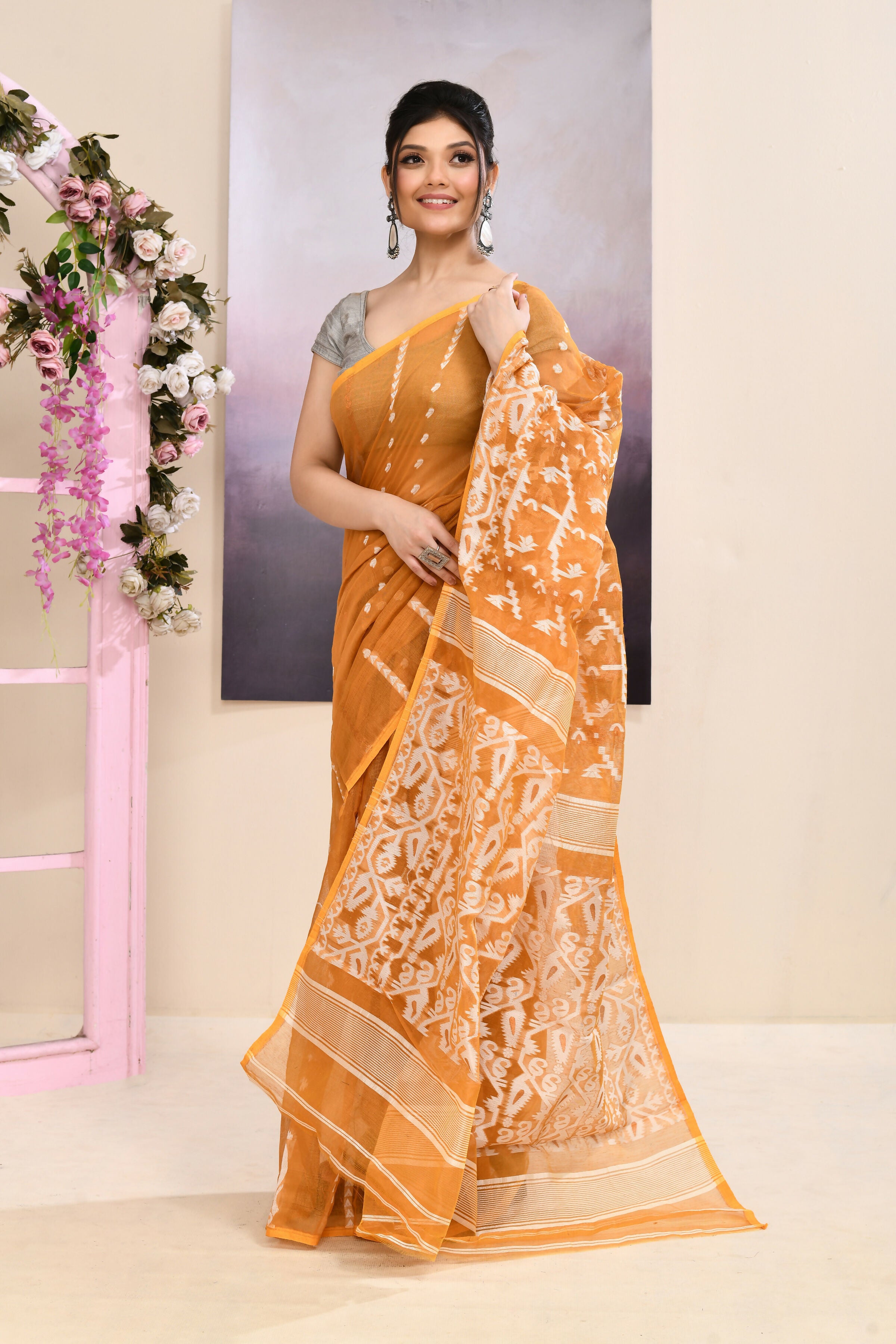 Piyari Fashion Women's Mustard Embellished Cotton Blend Jamdani Saree - Dista