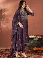 Thumbnail for The52 Wine Women's Gorgeous Vichitra Fabric Embroidered Work Straight Kurta Pant and Dupatta Set - Distacart