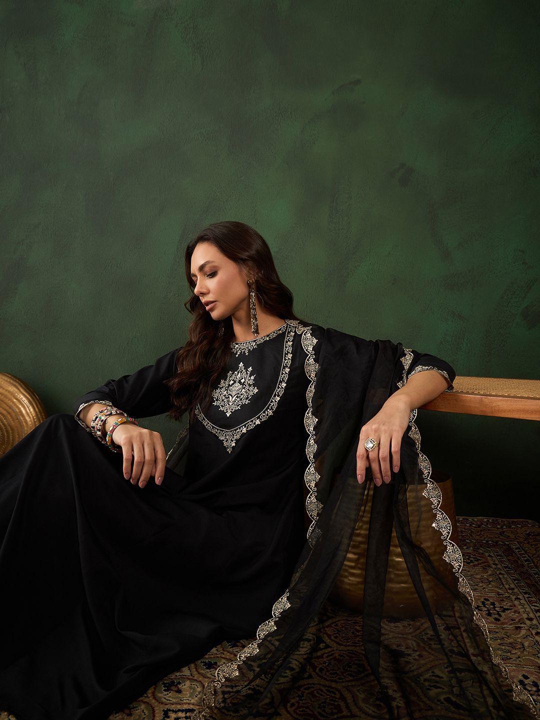 Sangria Black Floral Embroidered Round Neck Zari A-Line Kurta With Trouser & Dupatta