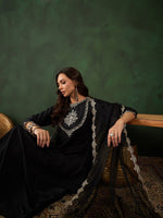 Thumbnail for Sangria Black Floral Embroidered Round Neck Zari A-Line Kurta With Trouser & Dupatta