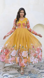 Thumbnail for Teeya Creation Yellow Color Faux Georgette Printed Party Wear Gown