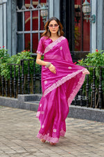 Thumbnail for Vastranavya Pink Embroidery Work Shimmer Chiffon Saree with Unstitched Blouse