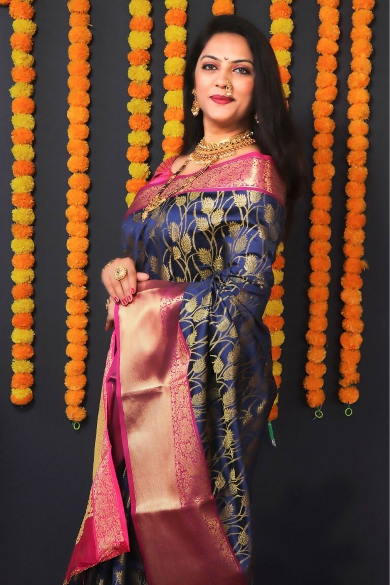 Jyoti Fashion Women's Navy Blue Kanjivaram Silk Zari Woven Saree with Blouse - Distacart