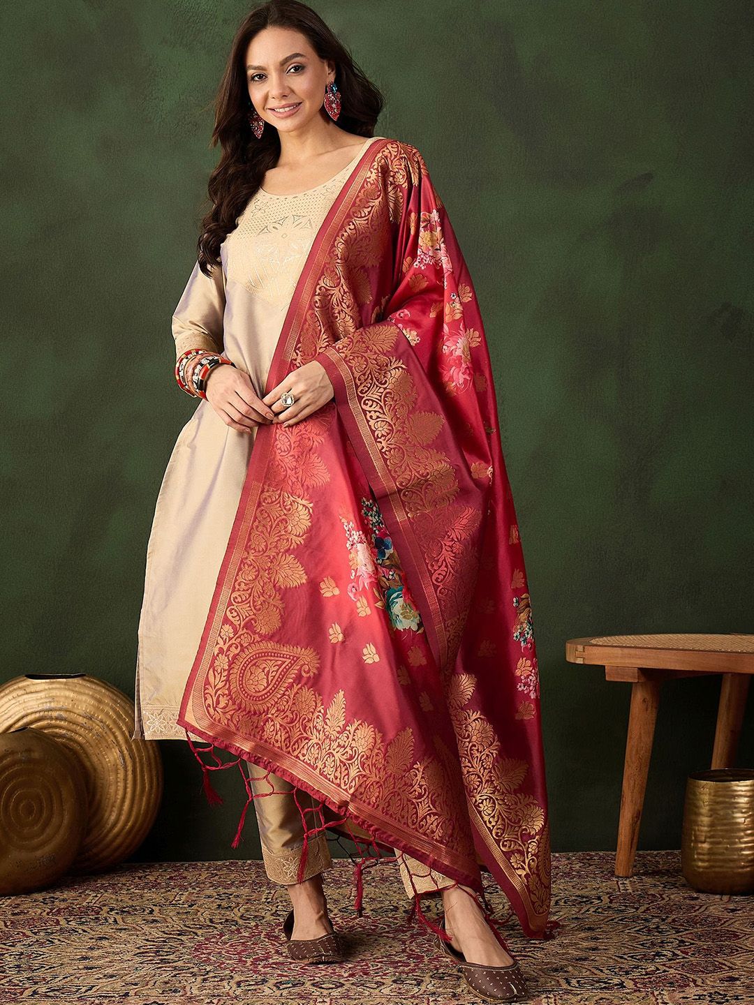 Sangria Woven Design Kurta & Trouser With Dupatta