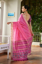 Thumbnail for Vishnu Weaves Women's Pink Raw Silk Patola Zari Woven Saree with Blouse