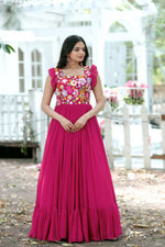 Thumbnail for Jyoti Fashion Women's Rani Pink Sequins Thread Embroidery Faux Blooming Anarkali Dress - Distacart