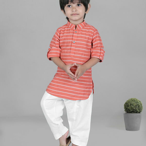Joban Fashion Kids Island Cotton Full Sleeves Striped Kurta and Pyjama- Peach - Distacart