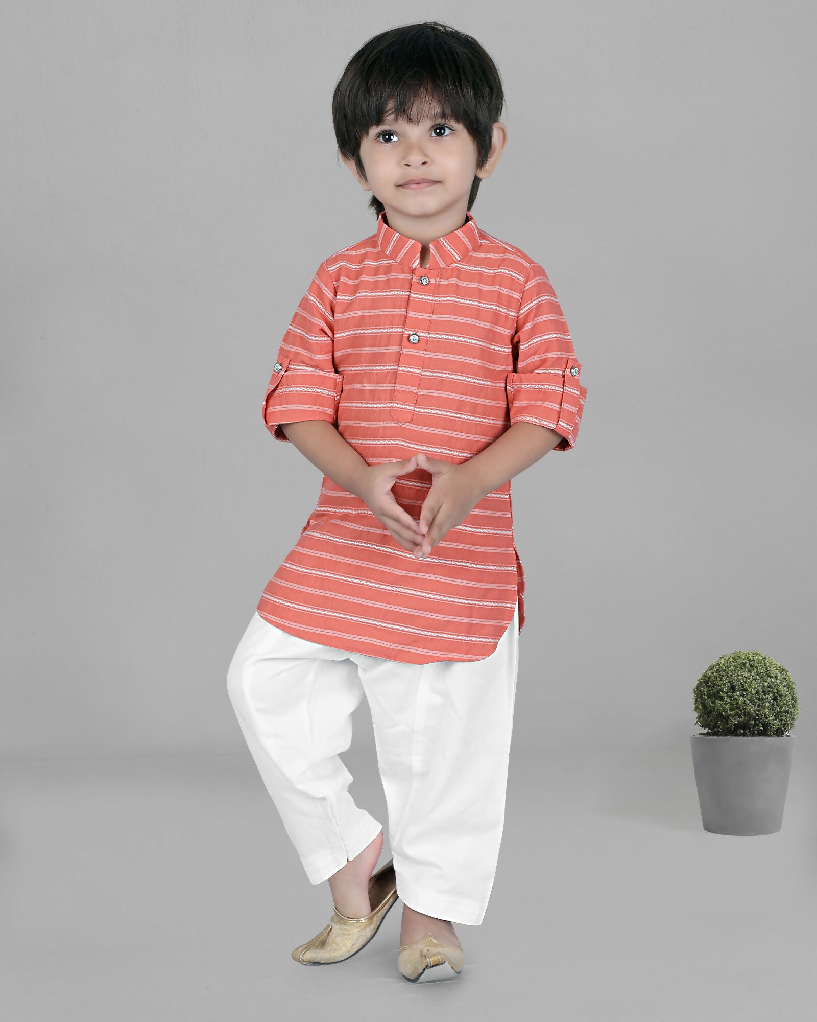 Joban Fashion Kids Island Cotton Full Sleeves Striped Kurta and Pyjama- Peach - Distacart