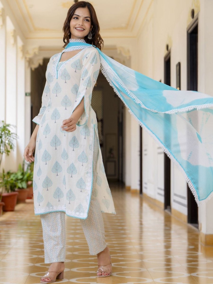 Anouk White Floral Printed Pure Cotton Lace Straight Kurta with Trousers & Dupatta