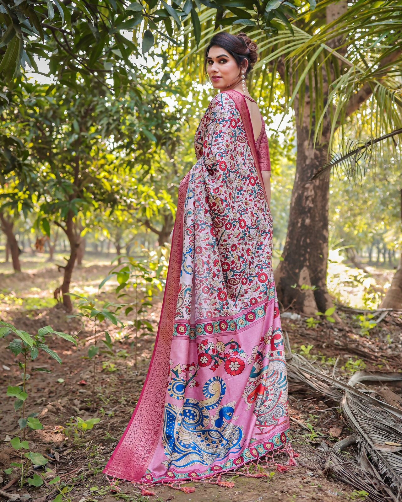Preksha Creation Pink Wedding Special Traditional Kalamkari Women Saree