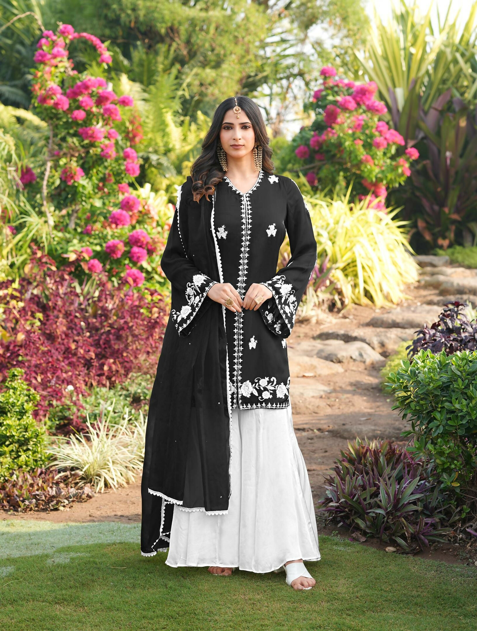 Nikhaar Black Embroidered Modal Silk Stitched Straight Cut Kurta Kalidar Palazzo Dupatta Readymade Suit - Dista