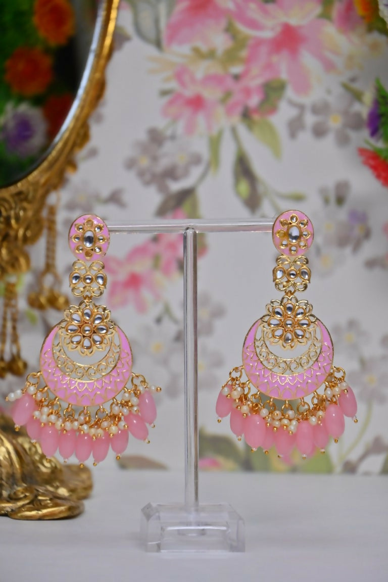 Pink Gold-Polished Beautifully Enamelled Stylish Kundan & Pearl Dangle Women Earrings|Meenakari Chandbali Traditional Ethnic Wear Earrings By House of Ree - Distacart