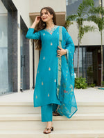 Thumbnail for The52 Blue Women's Gorgeous Viscose Fabric Embroidered Work Straight Kurta, Pant and Dupatta Set - Distacart