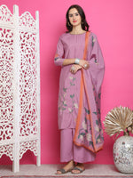 Thumbnail for Jyoti Fashion Women's Purple Muslin Floral Print with Jari & Crystal work Kurta with Trouser & Dupatta - Distacart