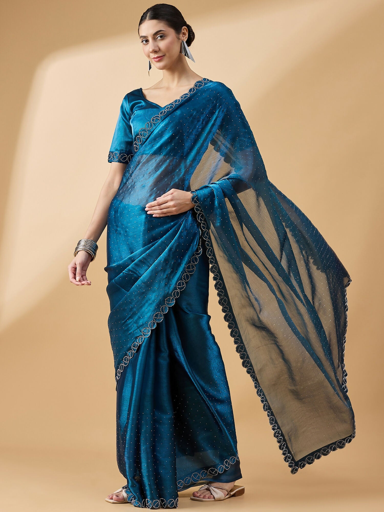 Teal Organza Swaroski Diamond Work Saree with Unstitched Blouse - Radha - Distacart