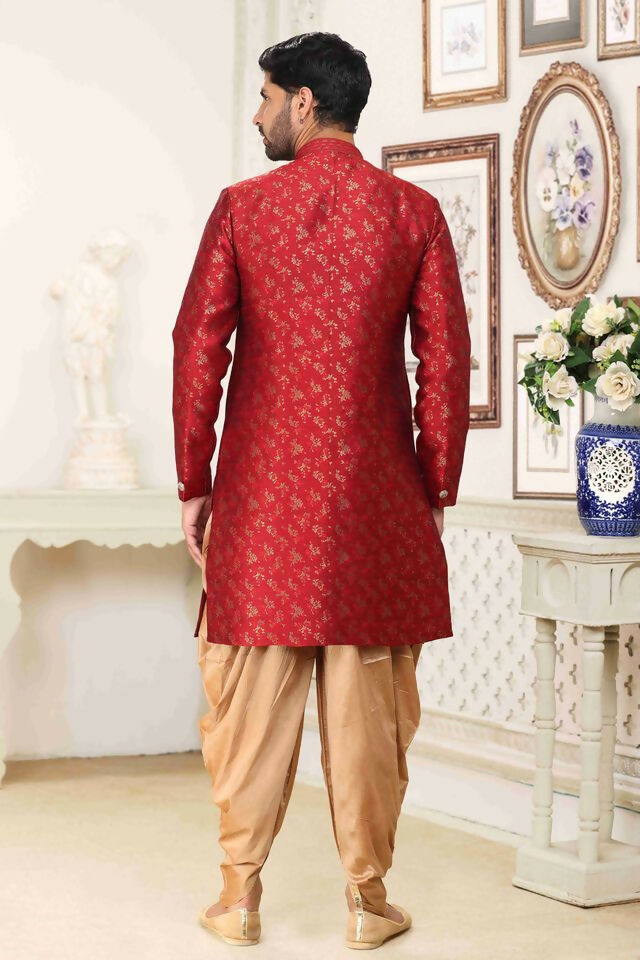 Raivat Ethnic Banarasi Jacquard Embroidery Semi Indo Western Sherwani In Maroon Colour