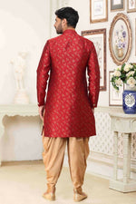 Thumbnail for Raivat Ethnic Banarasi Jacquard Embroidery Semi Indo Western Sherwani In Maroon Colour