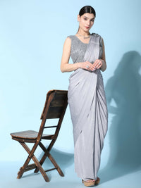 Thumbnail for Grey Imported Crush Lycra Texture Pattern Ready to Wear Saree with stitched Blouse - Nirvana - Distacart