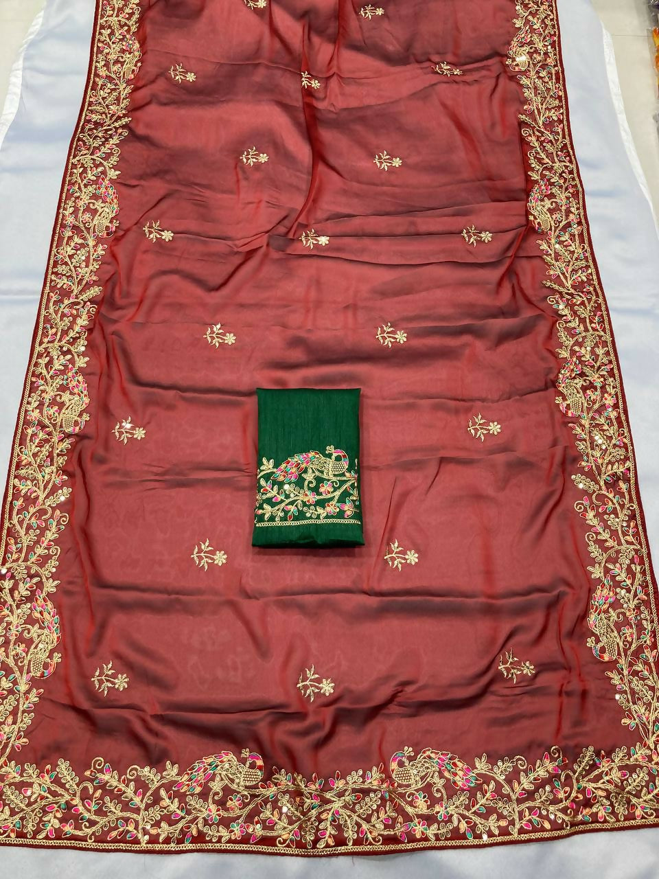 Teeya Creation Womens New Fancy Embroidery Work Saree-Maroon - Dista