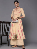 Thumbnail for Ahalyaa Women Cream-Coloured & Pink Floral Print Pure Cotton Anarkali Kurta with Palazzos - Distacart