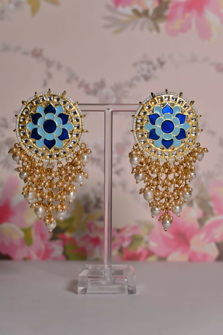 Blue Mandala Flower Hand Painted Bridal Earrings By House of Ree - Distacart