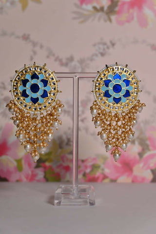 Blue Mandala Flower Hand Painted Bridal Earrings By House of Ree - Distacart