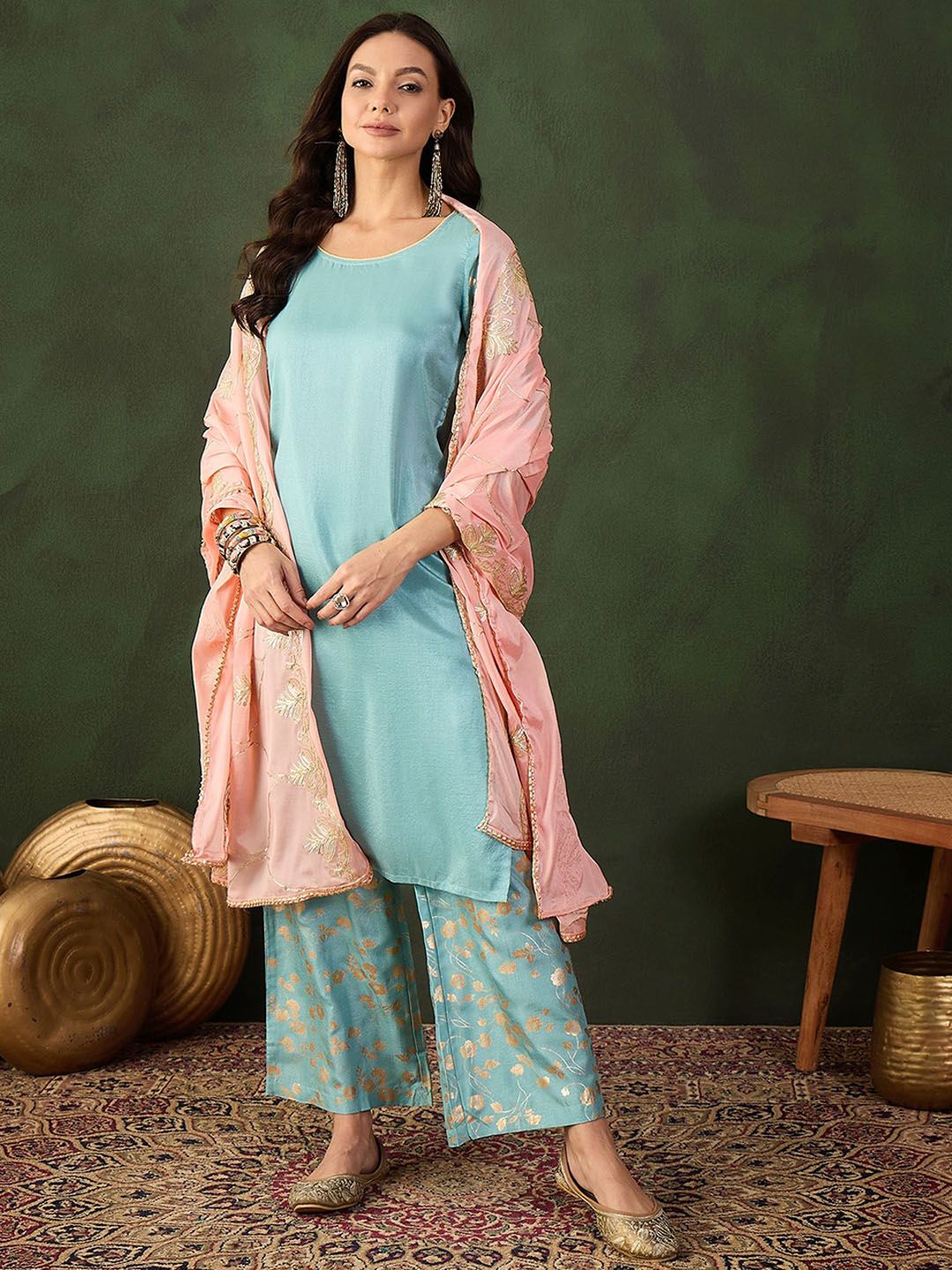 Sangria Woven Design Kurta & Palazzo With Dupatta