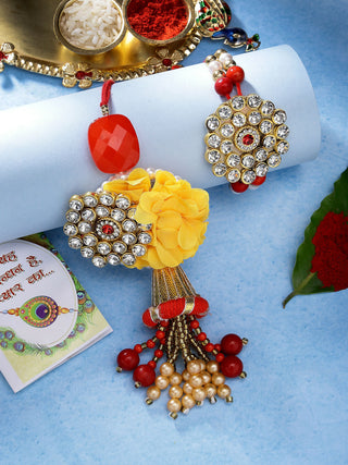 NVR Women & Men Set of 2 Red & Gold-Toned Stone-Studded & Beaded Bhaiya Bhabhi Rakhi With Roli Chawal & Chocolate - Distacart