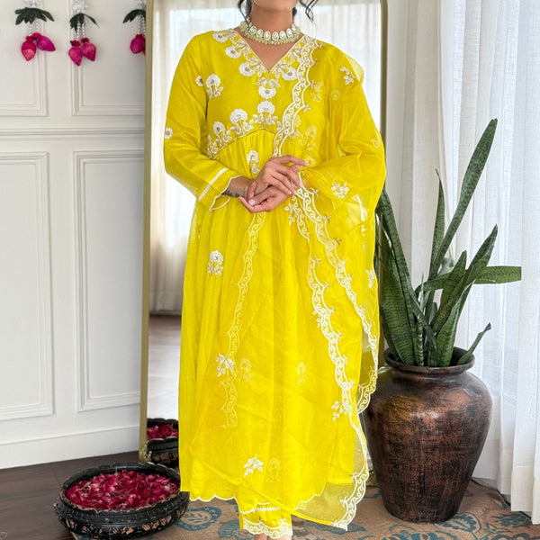 The52 Women's Gorgeous Vichitra Silk Embroidery Flared Kurta with Pant And Dupatta Set - Distacart