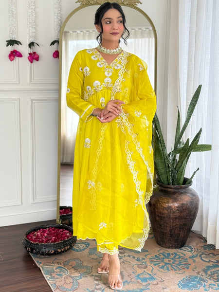 The52 Women's Gorgeous Vichitra Silk Embroidery Flared Kurta with Pant And Dupatta Set