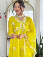 Thumbnail for The52 Women's Gorgeous Vichitra Silk Embroidery Flared Kurta with Pant And Dupatta Set
