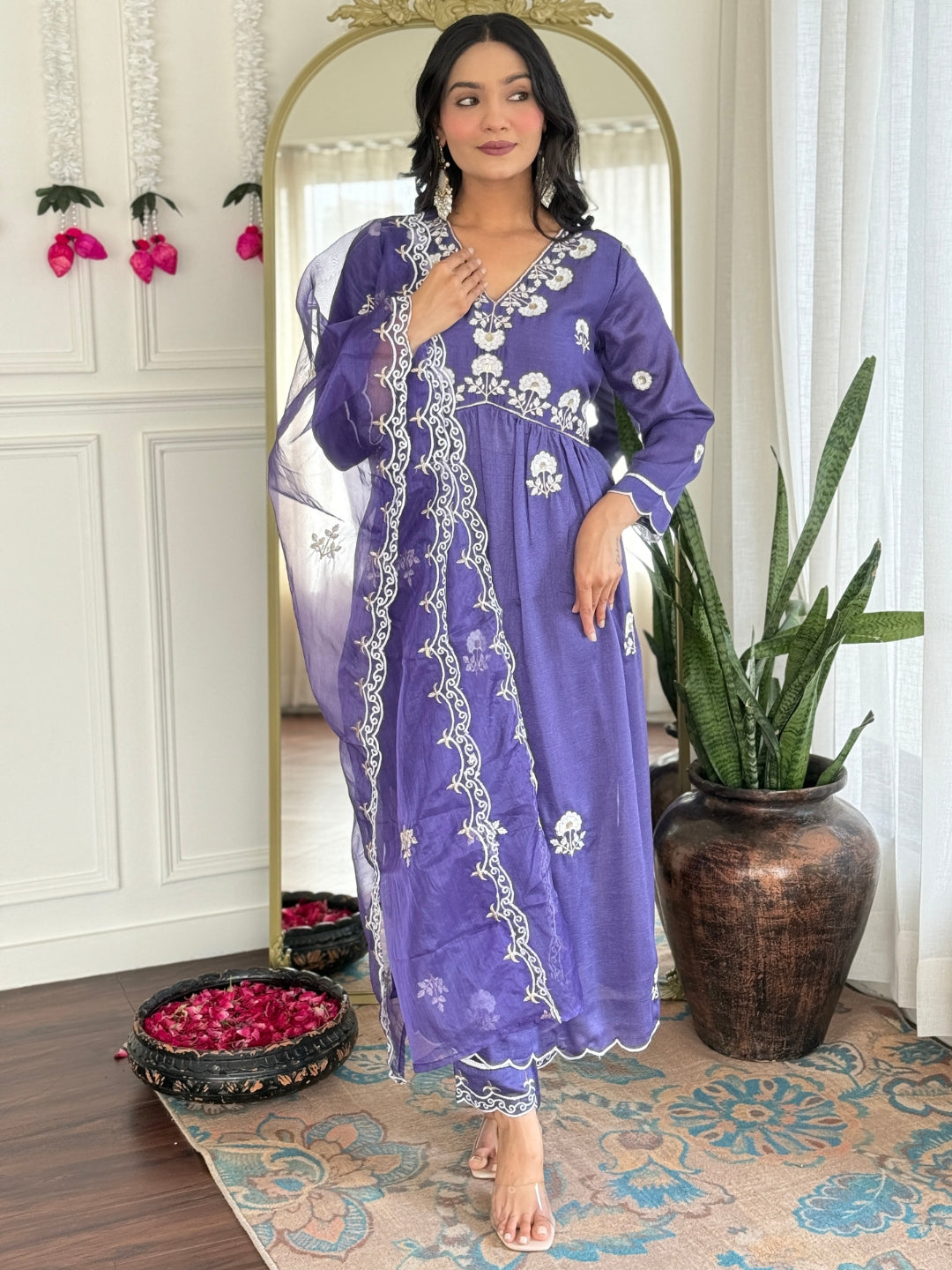 The52 Women's Gorgeous Vichitra Silk Embroidery Flared Kurta with Pant And Dupatta Set