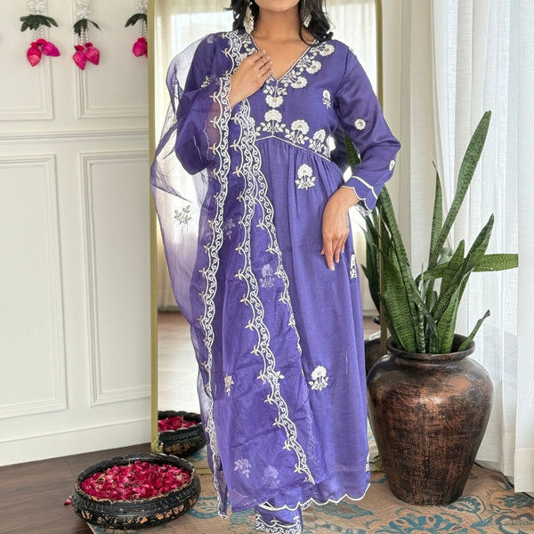 The52 Women's Gorgeous Vichitra Silk Embroidery Flared Kurta with Pant And Dupatta Set - Distacart