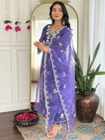 Thumbnail for The52 Women's Gorgeous Vichitra Silk Embroidery Flared Kurta with Pant And Dupatta Set