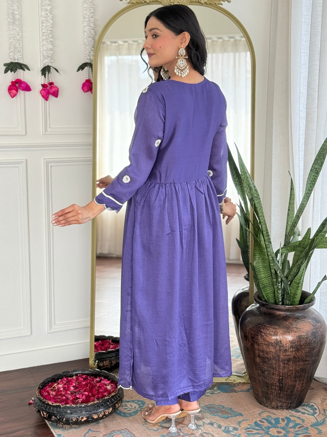 The52 Women's Gorgeous Vichitra Silk Embroidery Flared Kurta with Pant And Dupatta Set