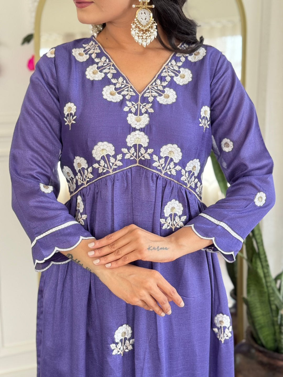 The52 Women's Gorgeous Vichitra Silk Embroidery Flared Kurta with Pant And Dupatta Set