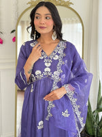 Thumbnail for The52 Women's Gorgeous Vichitra Silk Embroidery Flared Kurta with Pant And Dupatta Set
