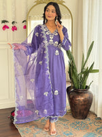 Thumbnail for The52 Women's Gorgeous Vichitra Silk Embroidery Flared Kurta with Pant And Dupatta Set