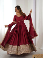 Thumbnail for The52 Women's Gorgeous Chinon Silk Fabric Embroidery Work Flared Anarkali Pant and Dupatta Set - Distacart
