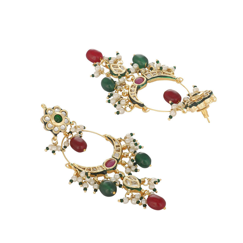 Nuyug 22K Gold Plated Crescent Kundan Drop Green Stone Chandbali Earrings