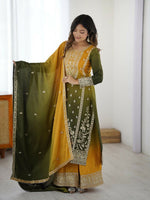 Thumbnail for The52 Women's Gorgeous Chinon silk Fabric Embroidery Work Straight Kurta Palazzo and Dupatta Set - Distacart
