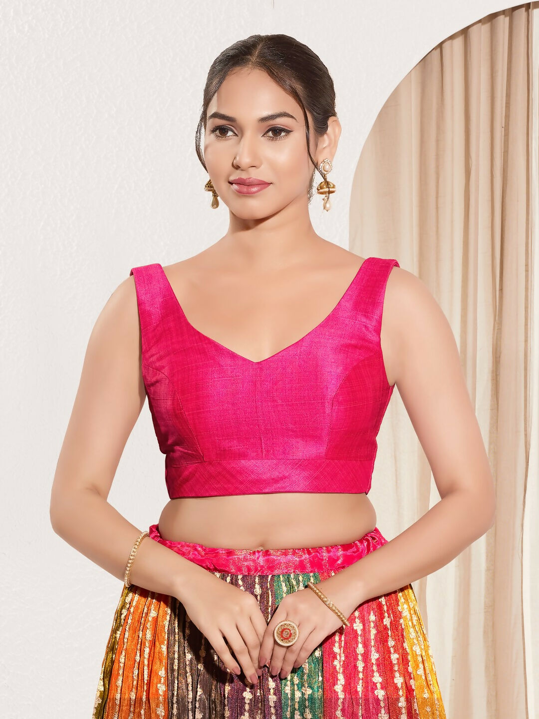 Joban Fashion Dark Pink Mulberry Silk Padded Blouse With Round Neck Sleeveless - Distacart