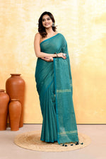 Thumbnail for Piyari Fashion Women's Teal Embellished Cotton Blend Zari Check Handloom Saree - Distacart