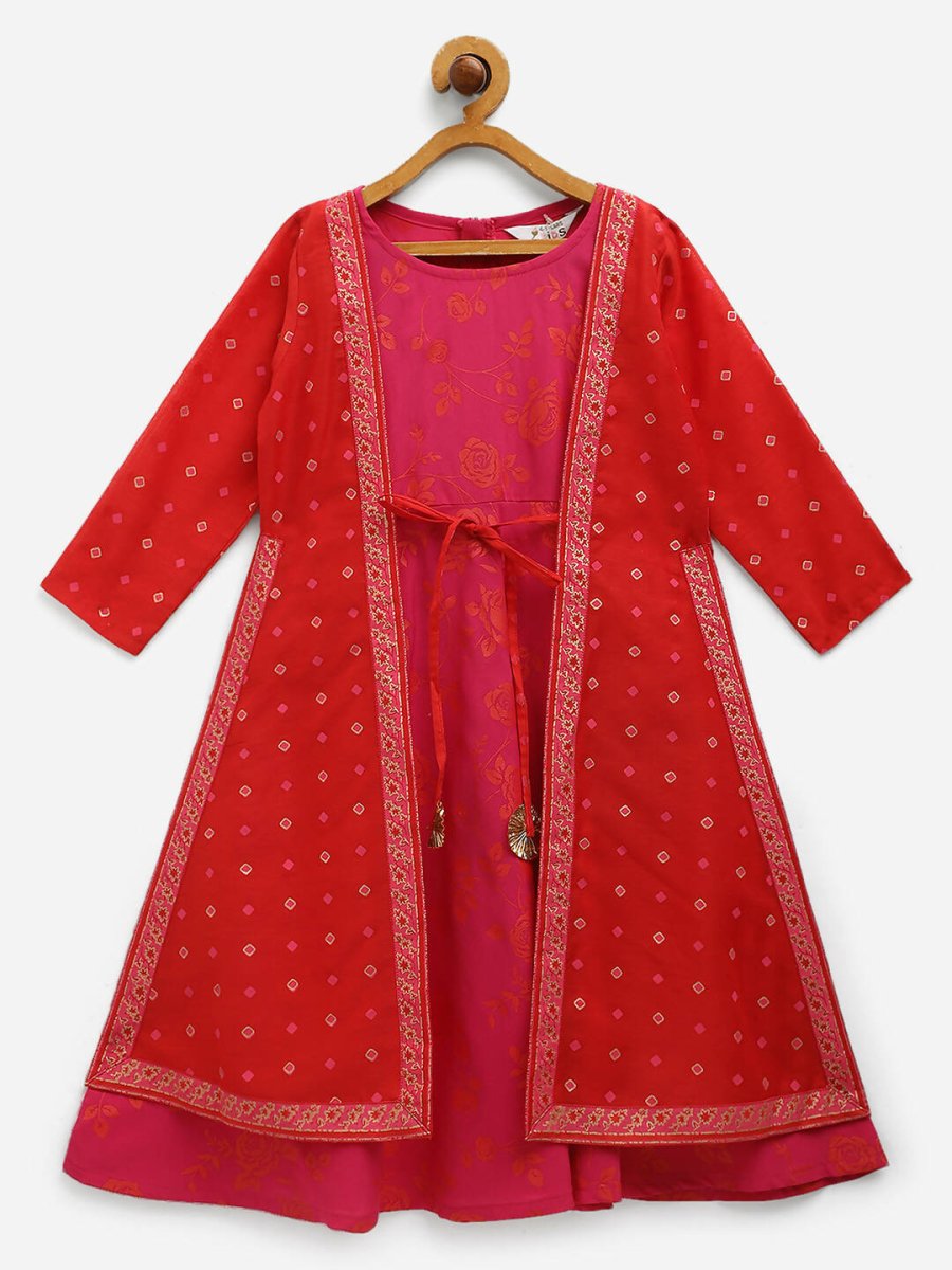 Ahalyaa Dark Pink Crepe Khari Print kids Dress Attached Jacket For Girls - Distacart