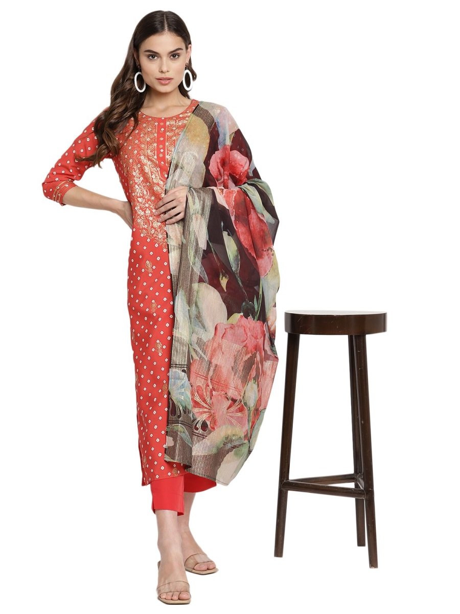 Ahalyaa Red Crepe Bandhani Gold Printed Kurta Pant With Dupatta - Distacart